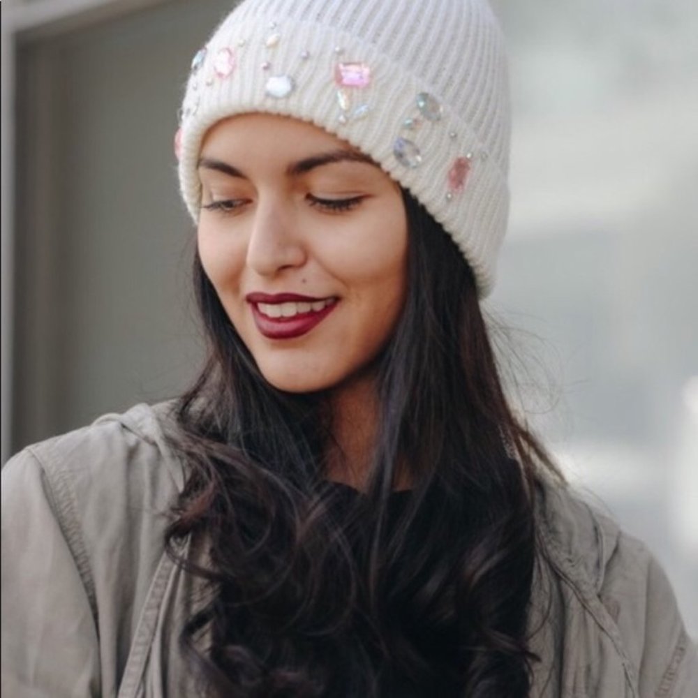New White Winter Hat with Rhinestones